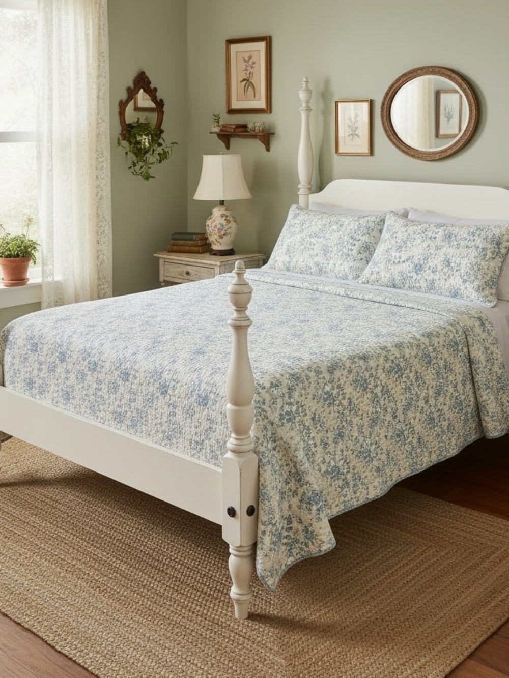 Laura Ashley Soft Blue Toile Reversible Quilt CottageCore Feminine Girly Bedroom